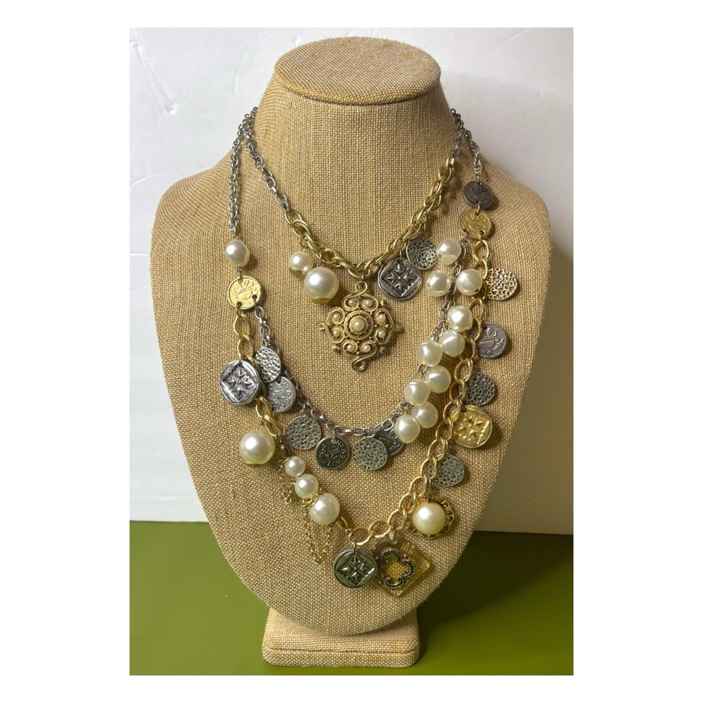 Chico’s Dual Metals Triple Strand Bauble Vintage Pearl Charm Chunky Necklace